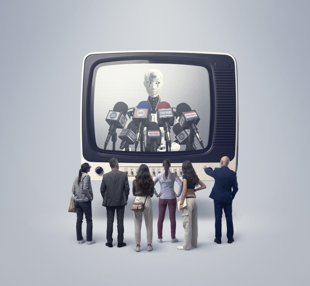 Fake News vor Wahlen: Symbolbild eines Wahlzettels mit digitalen Fake-News-Warnhinweisen